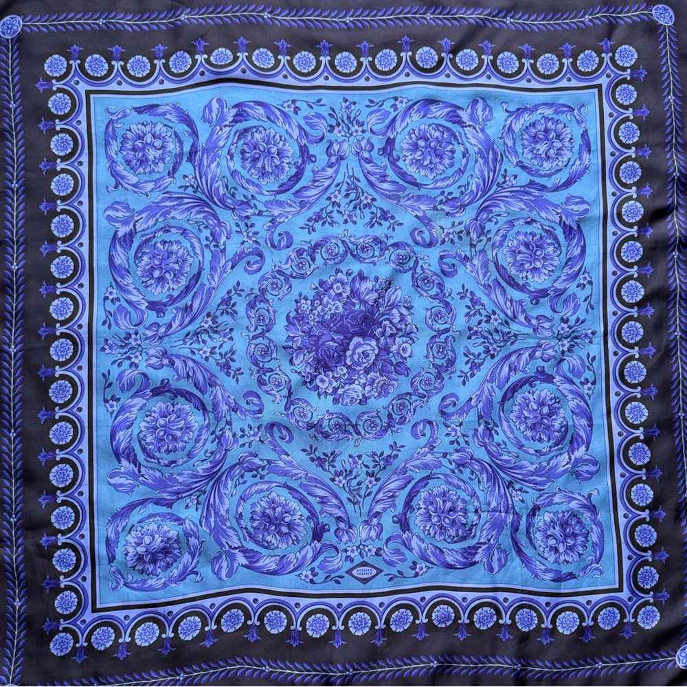 Versace Blue and Black Floral Scarf. 100% Silk. Made in Italy.